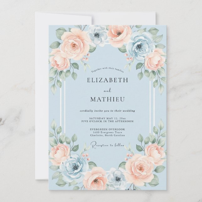 Convite Casamento Romântico com Aquarela Azul Claro (Frente)