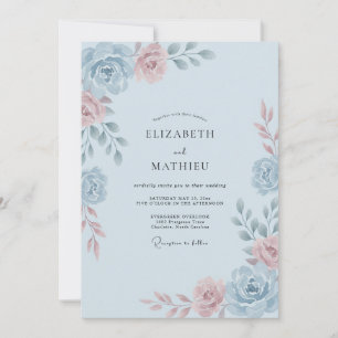 Convite Casamento Romântico com Aquarela Azul Claro