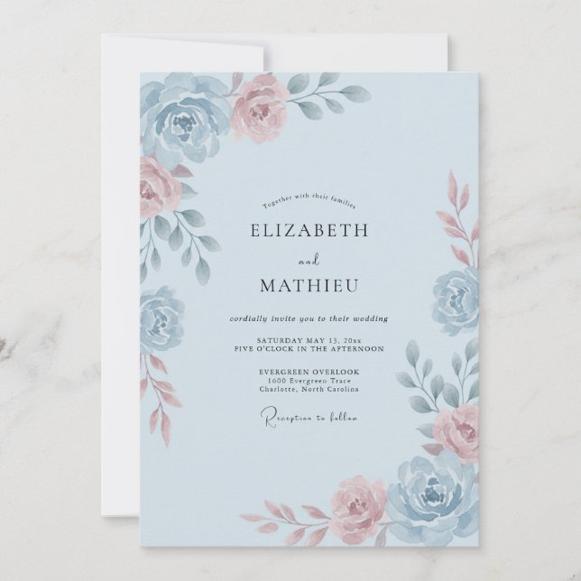 Convite Casamento Romântico com Aquarela Azul Claro (Frente)