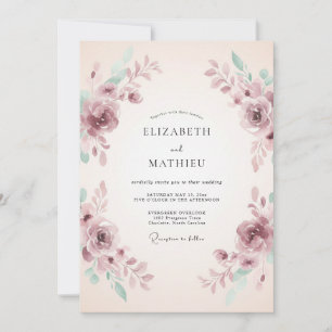 Convite Casamento Romântico com Aquarela Bege Roxa