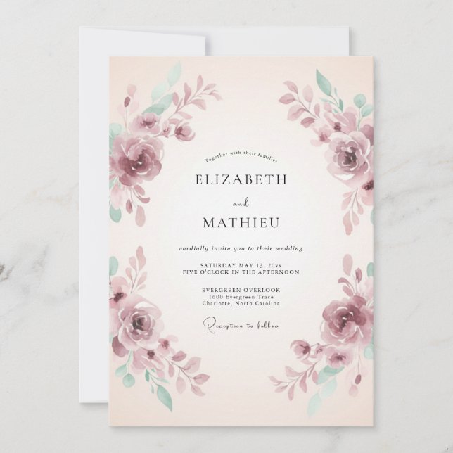 Convite Casamento Romântico com Aquarela Bege Roxa (Frente)