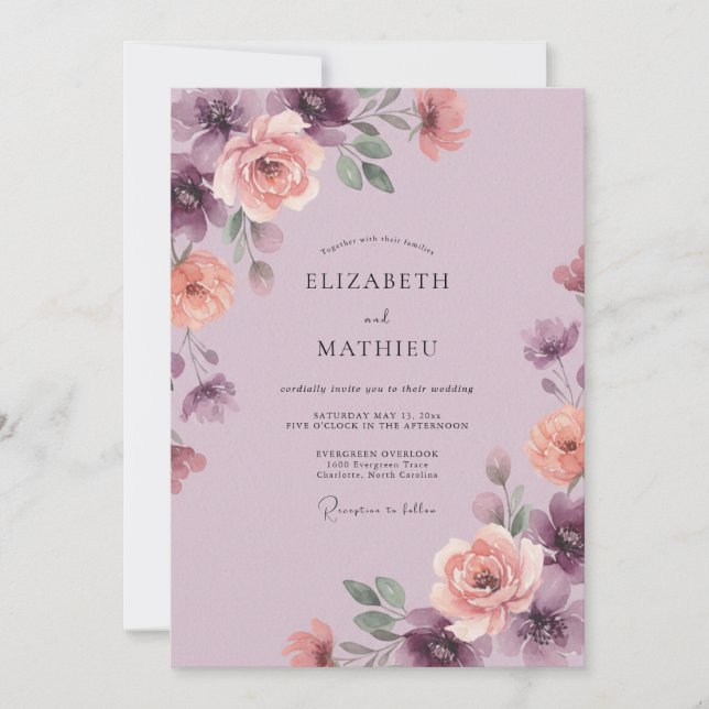 Convite Casamento Romântico com Aquarela de Ameixa (Frente)