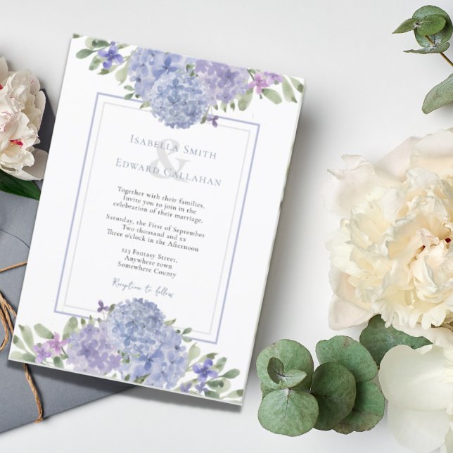 Convite Casamento Romântico com Aquarela de Hortênsias Azu (Criador carregado)