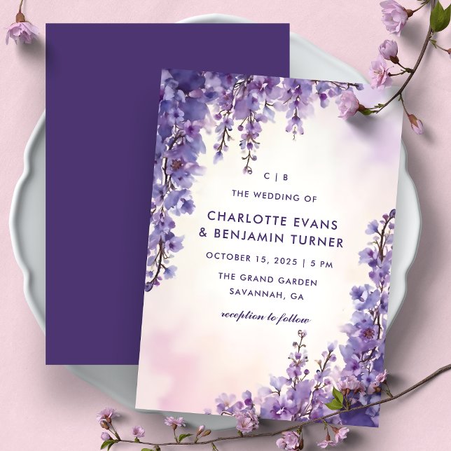 Convite Casamento Romântico com Aquarela de Wisteria Roxa  (Criador carregado)