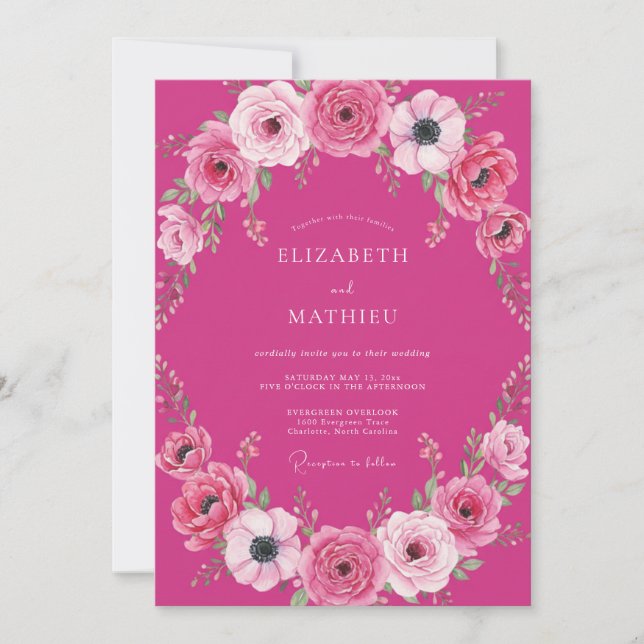 Convite Casamento Romântico com Aquarela Ousada em Fuchsia (Frente)