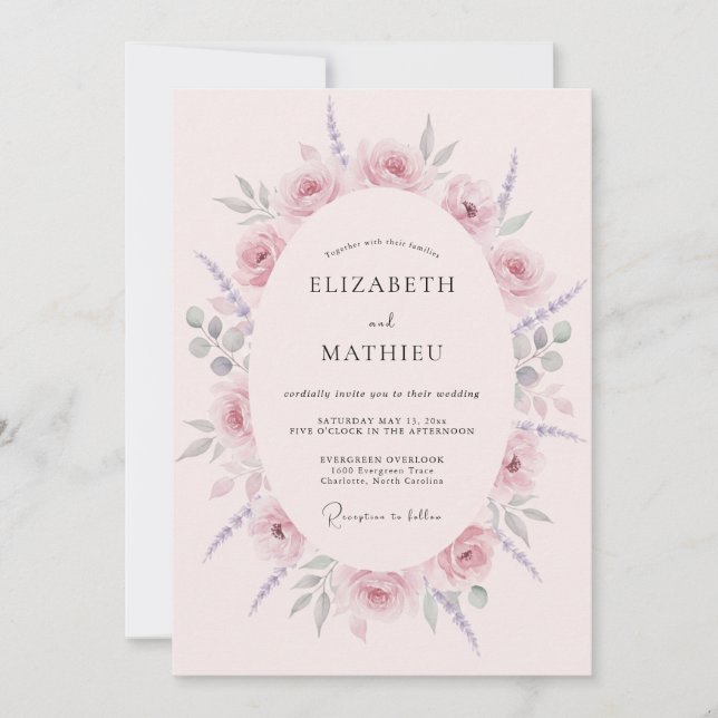 Convite Casamento Romântico com Aquarela Rosa Bege (Frente)