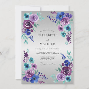 Convite Casamento Romântico com Aquarela Roxa e Turquesa