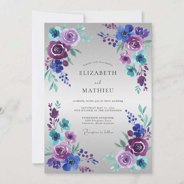 Convite Casamento Romântico com Aquarela Roxa e Turquesa (Frente)