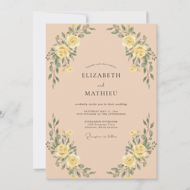 Convite Casamento Romântico com Arco Floral Amarelo (Frente)