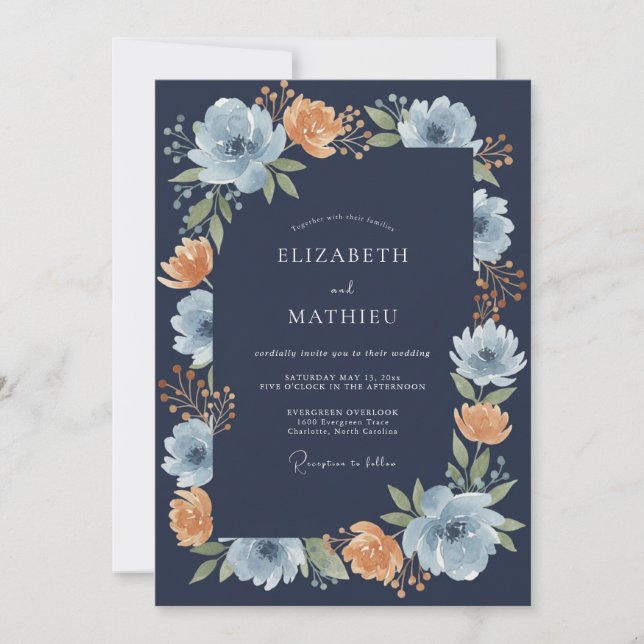 Convite Casamento Romântico com Arco Floral Azul Marinho (Frente)