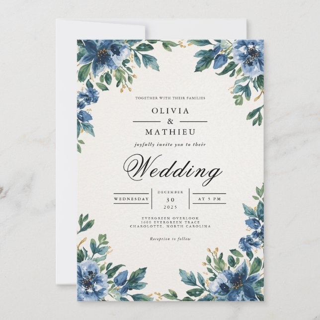 Convite Casamento Romântico com Arco Floral Azul Profundo (Frente)