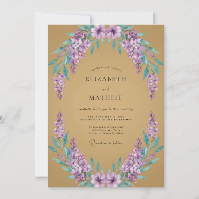Convite Casamento Romântico com Arco Floral de Lavanda (Frente)