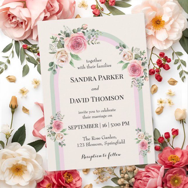 Convite Casamento Romântico com Arco Floral de Pastéis Sua (Criador carregado)