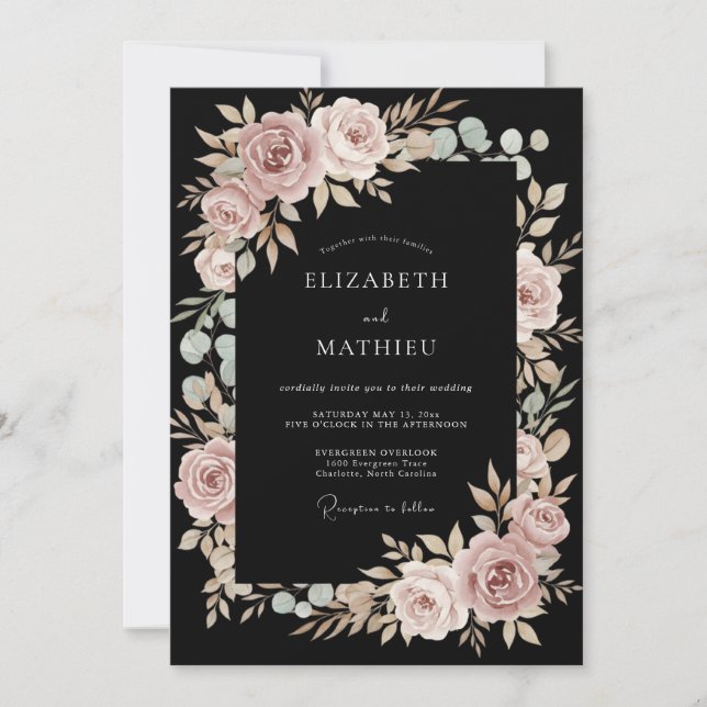 Convite Casamento Romântico com Arco Floral Rosa (Frente)