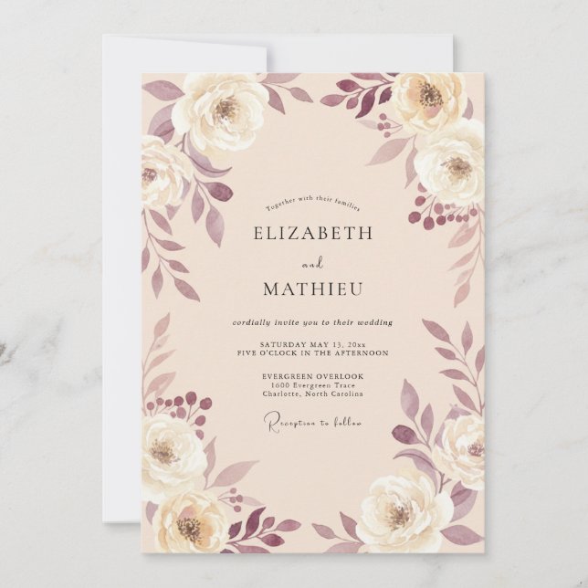 Convite Casamento Romântico com Arco Floral Roxa (Frente)