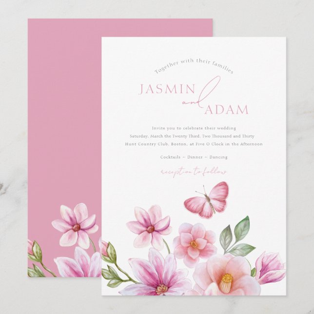 Convite Casamento Romântico com Borboleta Floral Rosa (Frente/Verso)