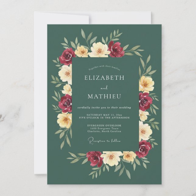 Convite Casamento Romântico com Embrulho Floral Borgonha (Frente)