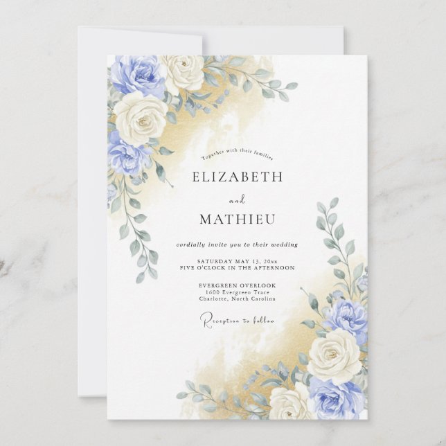 Convite Casamento Romântico com Flor de Aquarela Azul (Frente)