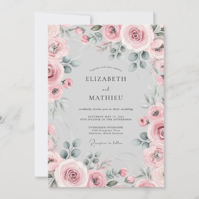 Convite Casamento Romântico com Flor de Aquarela Rosa (Frente)