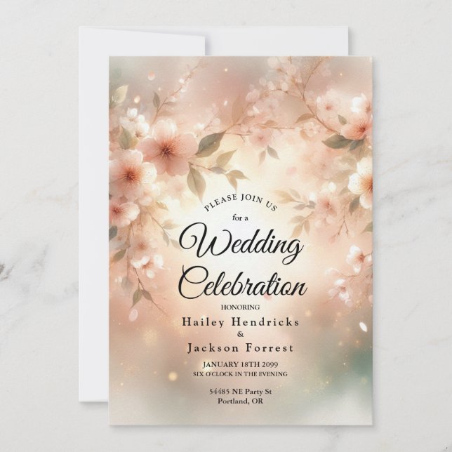 Convite Casamento Romântico com Flor de Cerejeira Rosada (Frente)