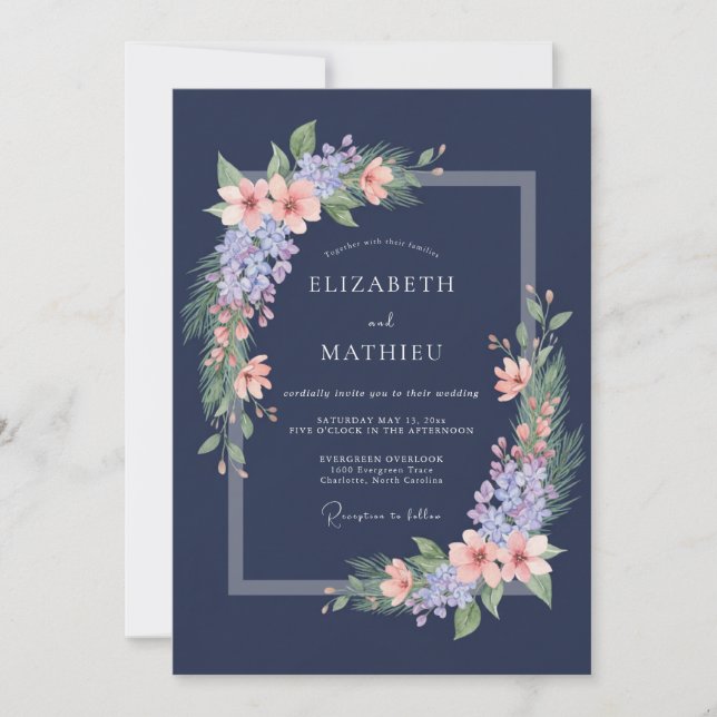 Convite Casamento Romântico com Flor de Lilás Azul-Marinho (Frente)