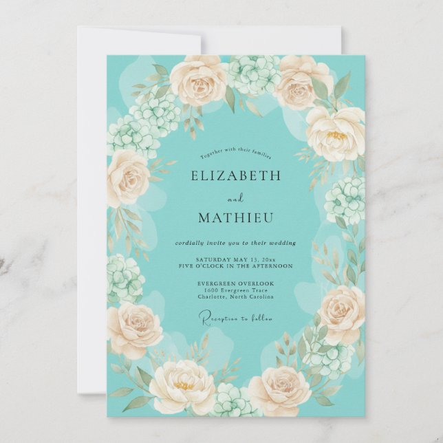 Convite Casamento Romântico com Flor de Pessegueiro Azul (Frente)