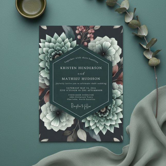 Convite Casamento Romântico com Flor Teal (Criador carregado)