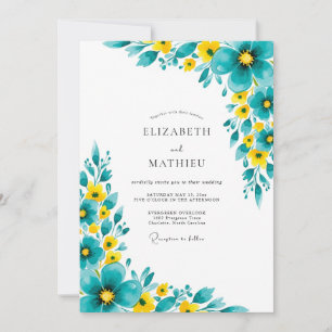 Convite Casamento Romântico com Florada Azul-Verde e Amare