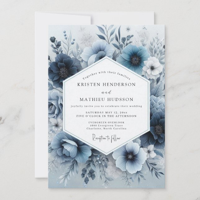 Convite Casamento Romântico com Floral Azul Empoeirado (Frente)