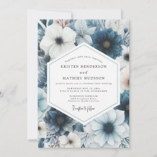 Convite Casamento Romântico com Floral Azul Poeirento