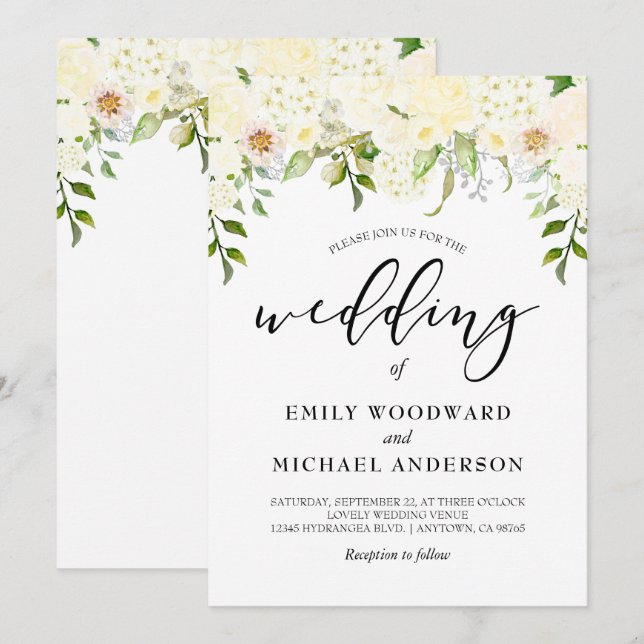 Convite Casamento Romântico com Floral em Creme Marfim em  (Frente/Verso)