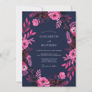 Convite Casamento Romântico com Floral Magenta Naval em Aq