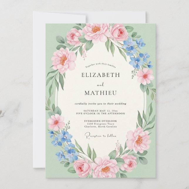 Convite Casamento Romântico com Floral Rosa Pálido (Frente)