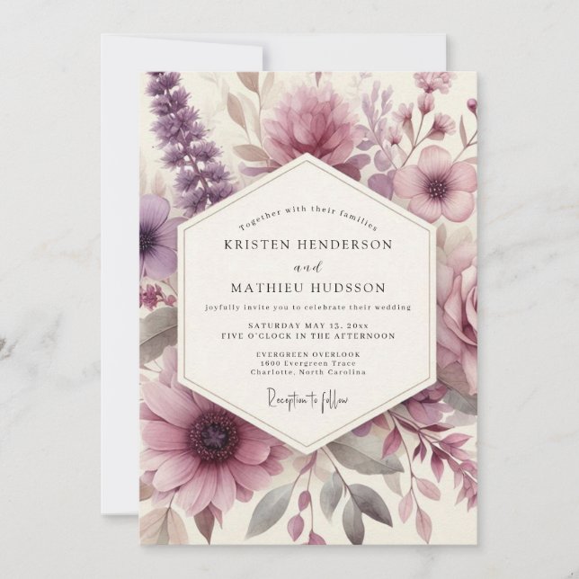 Convite Casamento Romântico com Floral Roxo Pó (Frente)