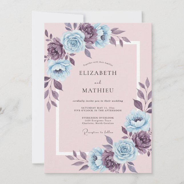Convite Casamento Romântico com Floral Roxo Pó (Frente)
