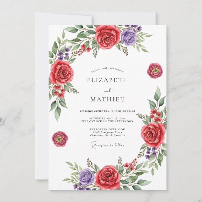 Convite Casamento Romântico com Floral Vermelho (Frente)