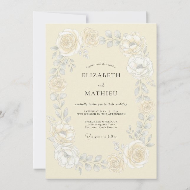 Convite Casamento Romântico com Flores de Creme (Frente)