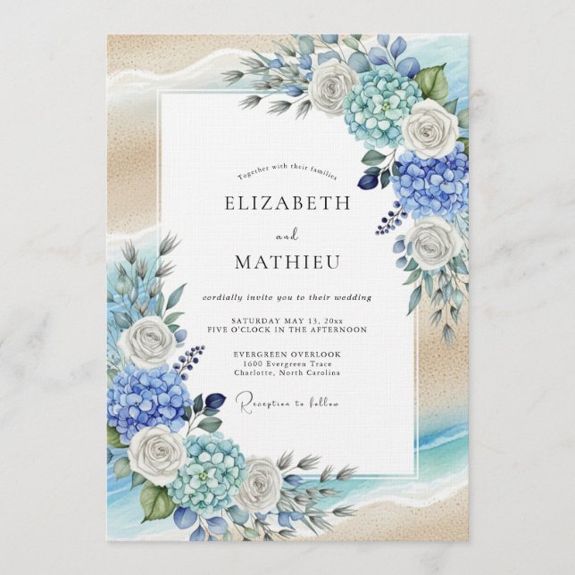 Convite Casamento Romântico com Flores de Hortênsia Azul (Frente)