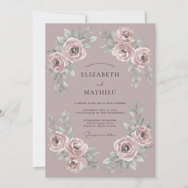 Convite Casamento Romântico com Flores de Rosa Malva (Frente)