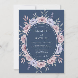 Convite Casamento Romântico com Flores em Azul Ardósia