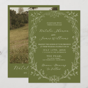 Convite Casamento Romântico com Flores em Verde Oliva e Es