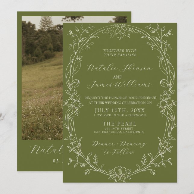 Convite Casamento Romântico com Flores em Verde Oliva e Es (Frente/Verso)