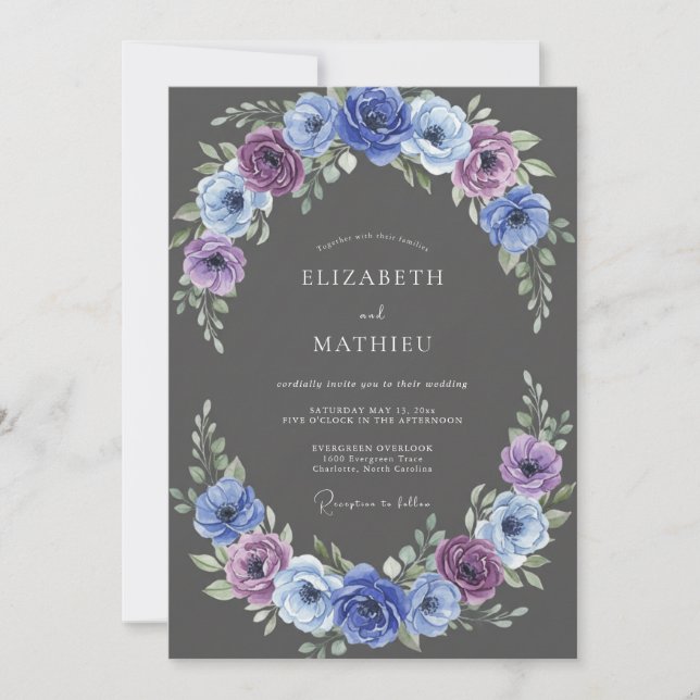 Convite Casamento Romântico com Flores Indigo (Frente)