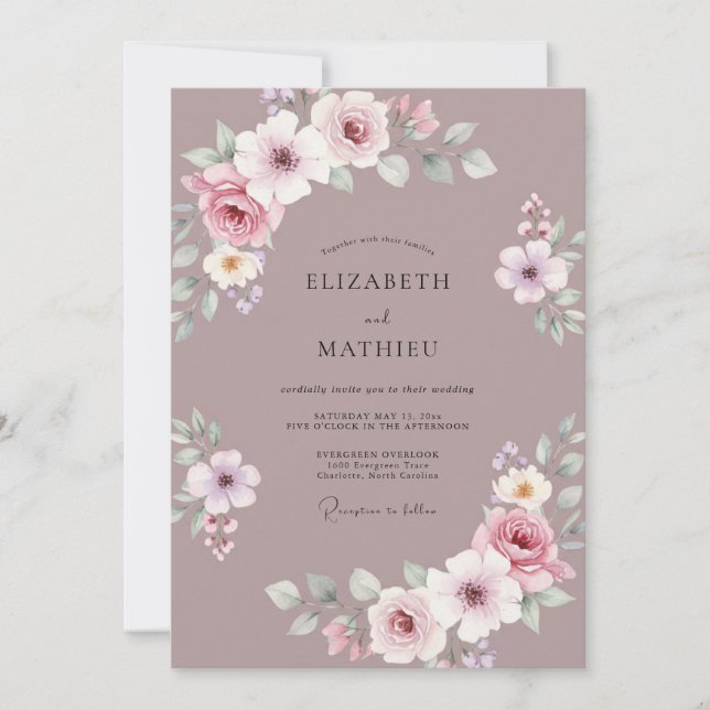 Convite Casamento Romântico com Flores Mauve (Frente)