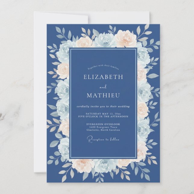 Convite Casamento Romântico com Flores Navy (Frente)