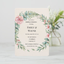 Convite Casamento Romântico com Flores Rosa e Vegetação