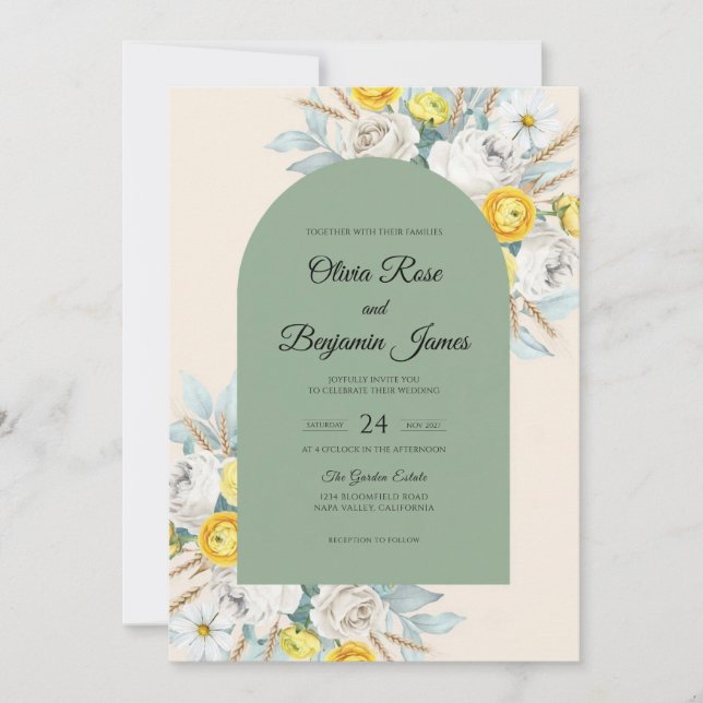 Convite Casamento Romântico com Flores Silvestres e Oliva (Frente)