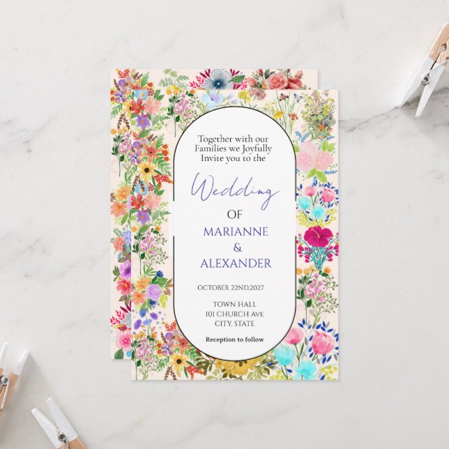 Convite Casamento Romântico com Flores Silvestres em Aquar (Frente/Verso In Situ)