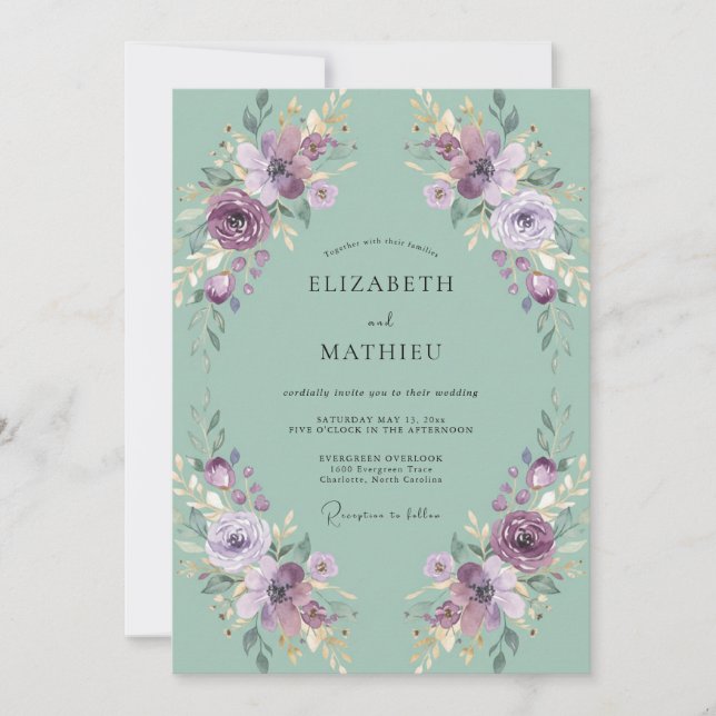Convite Casamento Romântico com Flores Verde Menta (Frente)