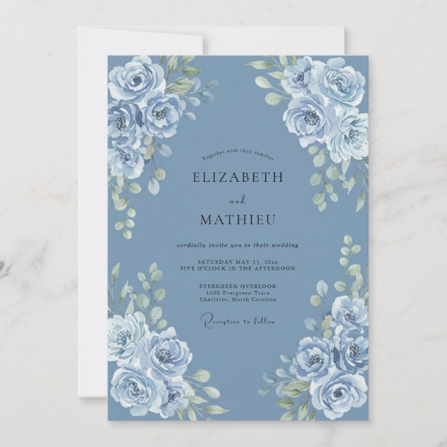 Convite Casamento Romântico com Florescer Azul Empoeirado (Frente)